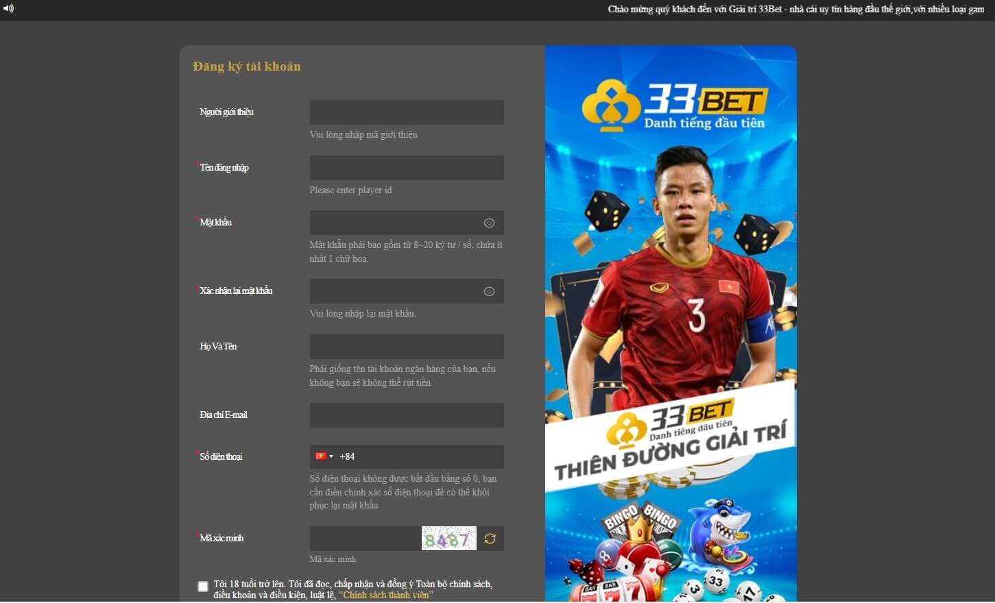 Đăng ký tài khoản nhà cái 33bet