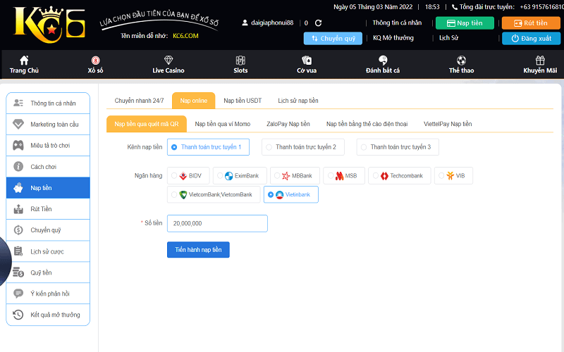 Nạp tiền KC6